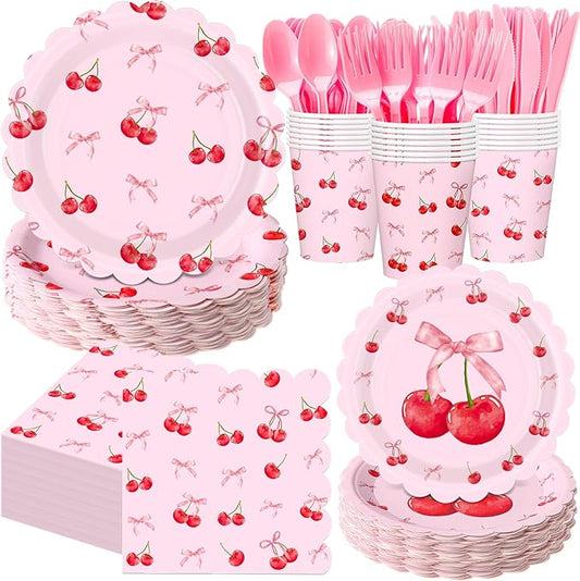 400 Pcs Cherry Birthday Party Decorations for 50 Guests, Red Pink Cherry Bow Scalloped Paper Plates Napkins Cups Cutlery for Pink Bow Coquette Baby Shower Bridal Shower Party Supply