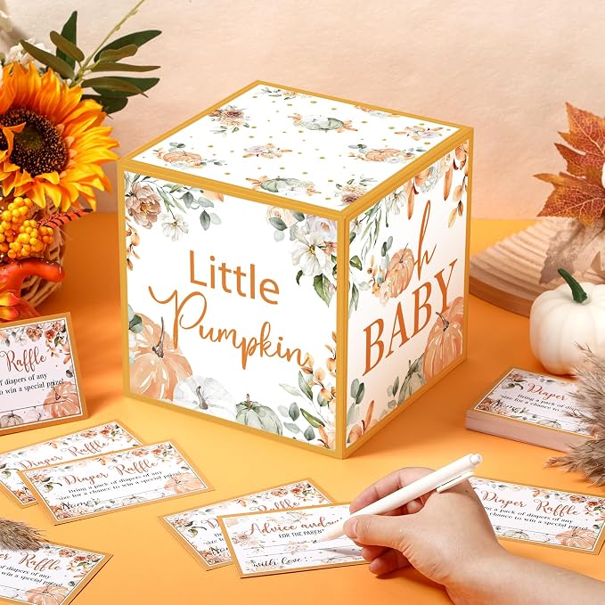 Teling 51 Pieces Diaper Raffle Tickets with Card Box Baby Shower Decorations Gender Reveal Holder Box for Girl Boy Diaper Raffle Party(Little Pumpkin)