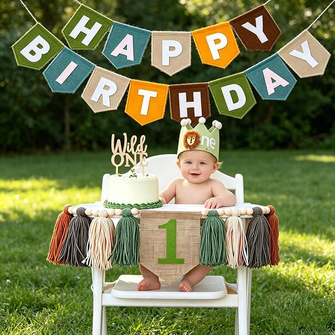 Wild One First Birthday Decorations For Boy-High Chair Banner First Birthday Boy Felt Happy Birthday Banner With Lion Crown, Wild One Highchair Banner Jungle Safari Birthday Party Decorations