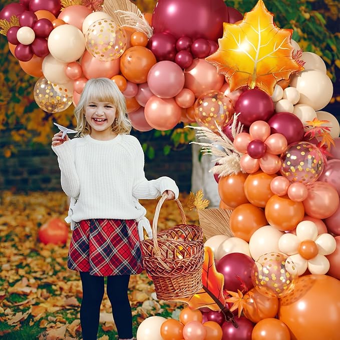 Fall Balloon Garland Arch Kit, Orange Wine Red Dusty Pink Rose Gold Confetti Balloons with Maple Leaf Foil Balloons for Thanksgiving Autumn Fall Birthday Baby Shower Party Decorations