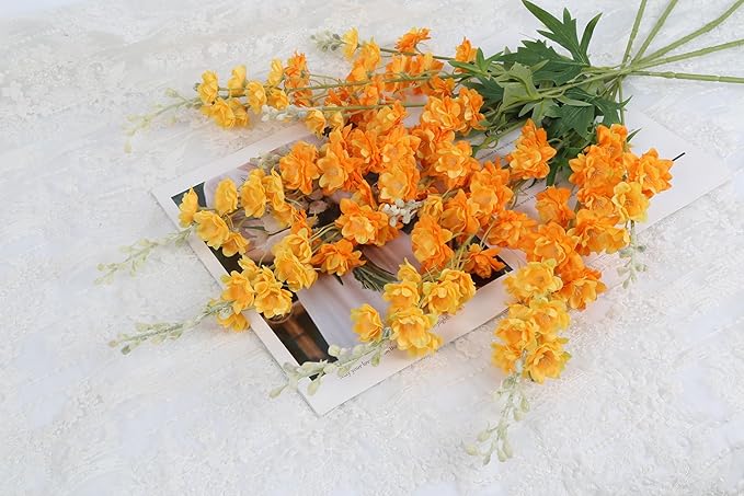 IPOPU 9Pcs Orange Artificial Delphinium Flowers Combo Clematis Greenery Stems, 33.5" Long Stem Larkspur for Wedding Centerpieces, Bridal Bouquet, Home Party Table Decor (Orange)