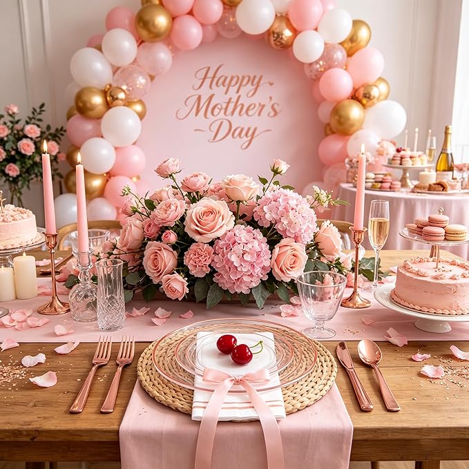 GATHER 350PCS Rose Gold Plastic Plates - Disposable Rose Gold Dinnerware Includes 100 Clear Rose Golds Rimmed Plastic Plates, 150 Silverware, 50 Napkins, 50 Cups for Party, Wedding, Mother's Day