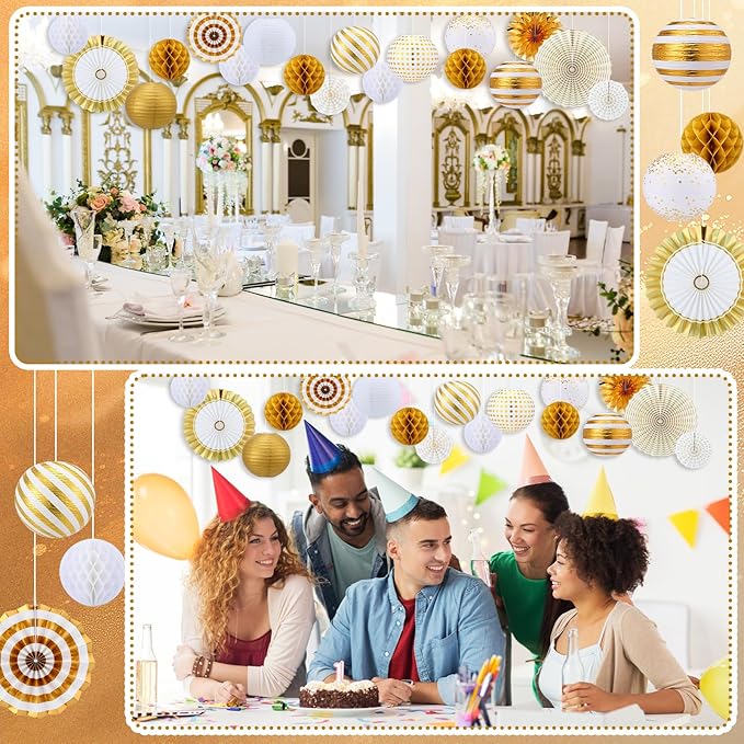 Retisee 18 Pcs Metallic Gold Party Decorations Kit Hanging Metallic Gold Paper Lanterns Paper Fans Honeycomb Balls for Birthday Anniversary Celebration Wedding Graduation Decoration Supplies