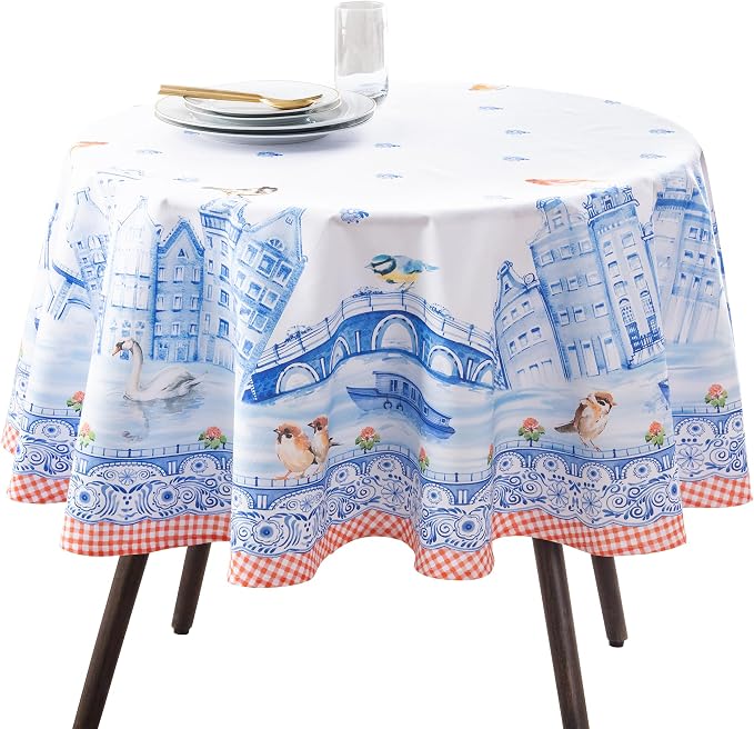 Maison d' Hermine Table Cloth Round Table 100% Cotton 63 Round Inches Tablecloth Reusable Decorative for Dining Kitchen Room Farmhouse Party Home Hotel Restaurant Spring Summer - Amsterdam Canals