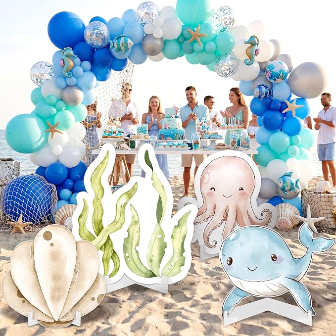 Honoson 4 Pcs Large 32" Under The Sea Party Decorations Ocean Animal Shell Cardboard Cutouts Standup Baby Shower Backdrop Photo Props Sign for Marine Animal Birthday Party Decor