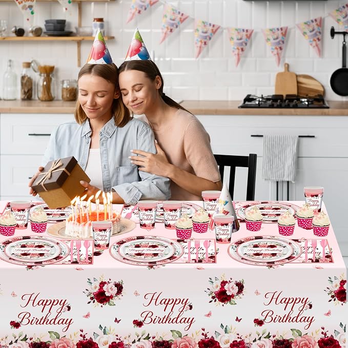 Burgundy Birthday Party Decorations 169 Pcs Burgundy Plates and Napkins Cups Tablecloth Serve 24 Rose Gold Floral Butterfly Party Supplies for Women Girl