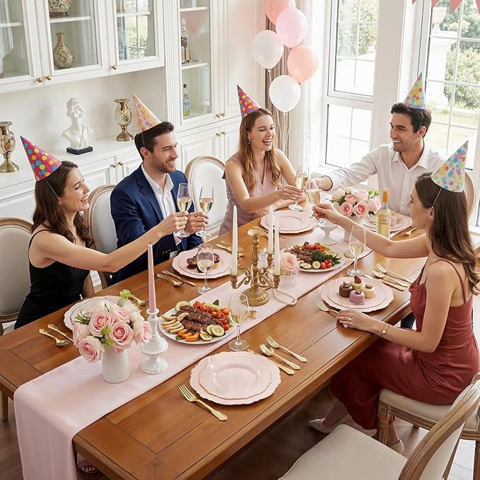 WDF 100pcs Pink Plastic Plates - High-end Baroque Design - Pink and Gold Plates - Including 50 Disposable Plate 10.25inch, 50Salad Plate 7.5inch for Wedding/Baby Shower/Spring/Birthday/Mother's Day