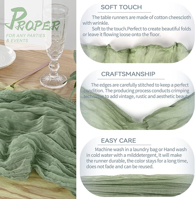 10 Packs Sage Green Cheesecloth Table Runner, 10Ft x 35" Sage Rustic Gauze Boho Wedding Table Decor