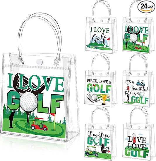 Teenyyou 24 Pcs Golf Clear Goodie Bag with Handles PVC Golf Theme Sport Party Favor Bag Bulk for Team Gifts Birthday, 8 x 8 x 3.14 Inches