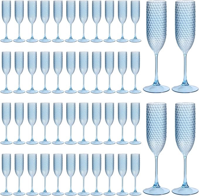 Pesonlook 48 Pack Plastic Champagne Glasses Blue Reusable Diamond Crystal Clear Wine Glasses Diamond Wine Cups Vintage Drinking Glasses for Wedding Reception, Grand Event Party Supplies