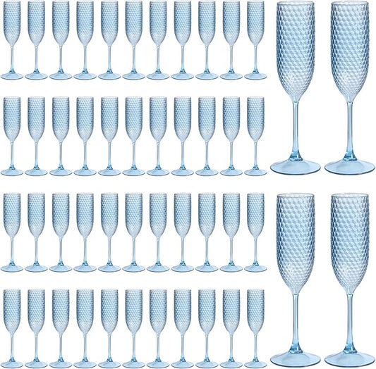 Pesonlook 48 Pack Plastic Champagne Glasses Blue Reusable Diamond Crystal Clear Wine Glasses Diamond Wine Cups Vintage Drinking Glasses for Wedding Reception, Grand Event Party Supplies