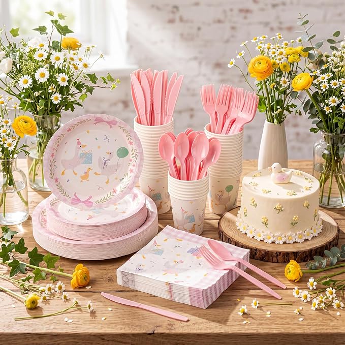 Ziliny 350 Pcs One Silly Goose Baby Shower Decoration One Silly Goose Birthday Decoration Paper Plates Napkins Tableware for Gender Reveal Newborn Birthday Party Serves 50 Guests