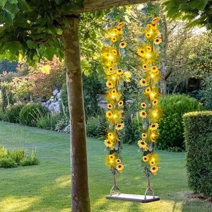 7.5FT Artificial Sunflower Garland with 30 Lights Silk Sunflower Vine Fake Flowers Summer Garland Prelit Lights for Mantle Baby Shower Wedding Arch Front Door Porch Staircase Decor (1 Pcs)