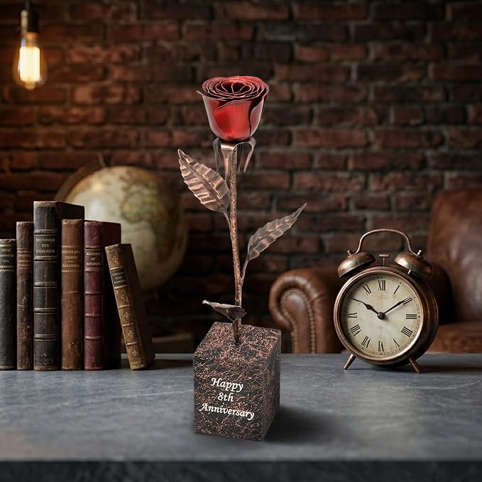 Personalized Bronze Anniversary Rose – 8th or 19th Wedding Anniversary Present, Custom Engraved Solid Copper Flower with Deep Red Bloom – 12 Inch Keepsake