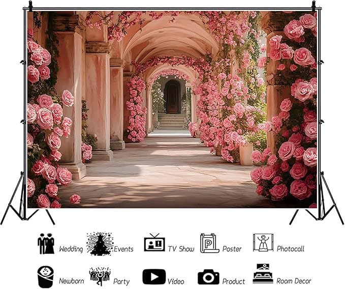 Baocicco 12x8ft Pink Flowers Backdrops for Photoshoot Rose Arch Corridor European Carving Wall Photo Background for Women Bridal Shower Birthday Marriage Valentines Mothers Day Backdrop Decorations