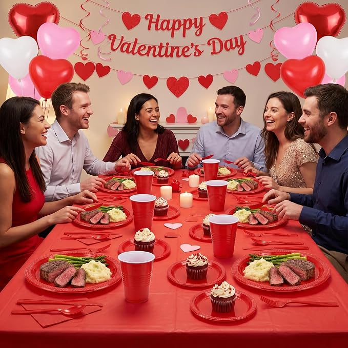 352 Pcs Red Plastic Plates Party Set, 50 Guests Disposable Dinnerware Set with Red Tablecloths, Bold Red Plastic Plates Party Set for Wedding/Valentine's Day/Christmas/Holiday Party
