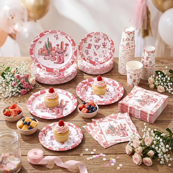 Pickmesh 250 Pcs Cowgirl Party Decorations Pink Cowgirl Rodeo Birthday Coquette Bow Western Theme Disposable Plates Napkins Cups for Bachelorette Baby Shower Tableware Party Supplies Serve 50