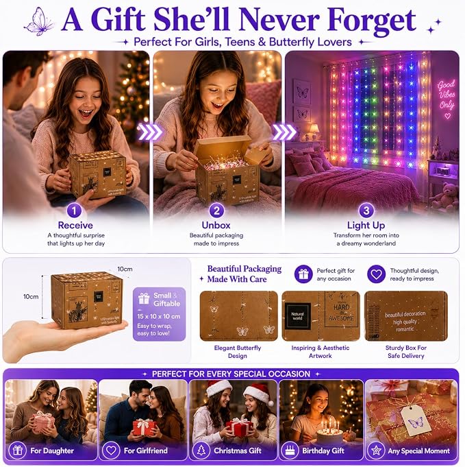 Butterfly Curtain Fairy Lights USB Plug in,8 Modes 120 LED 19.7FT Firefly Twinkle Timer String Lights with Remote, Waterproof Copper Wire for Bedroom Patio Christmas Wedding Party (Multi-new)