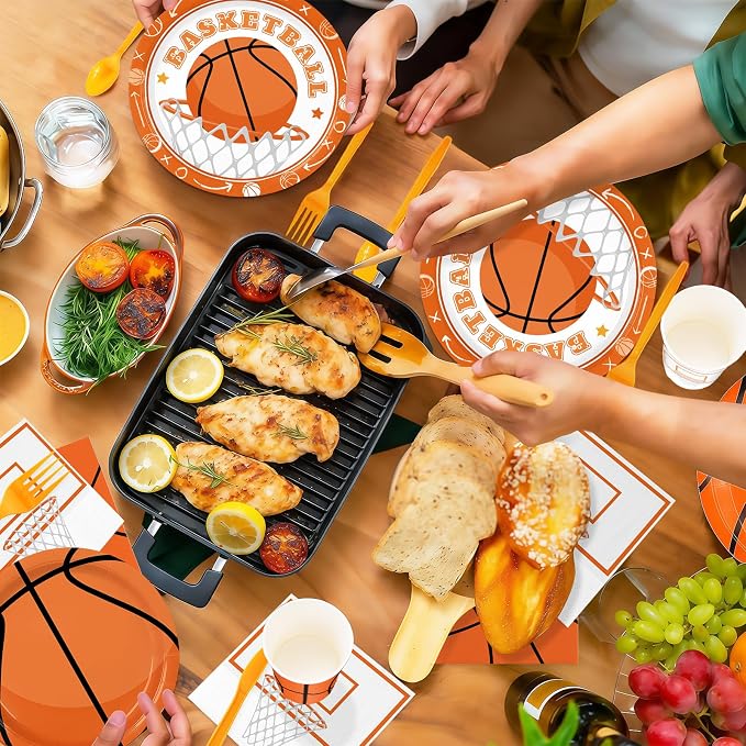168PCS Basketball Party Supplies for Teenagers Sports Themed Birthday Party Decorations Basketball Team Paper Plates Napkin Cups Forks Knives Tableware for 24 Guests