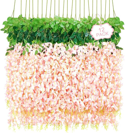 12Pcs Artificial Wisteria Hanging Flowers, 3.6Ft/Pcs Pink Fake Wisteria Garland for Wedding Party Home Garden Indoor Outdoor Decoration