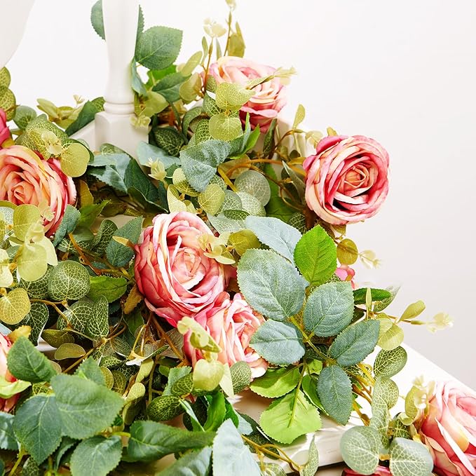 PONKING Flower Garland Artificial Rose Vine Flowers Hanging Fake Roses Vines for Wedding Birthday Party Valentines Christmas Room Wall Arch Decor, 2 Purple Floral Garland Decorations, High Realistic