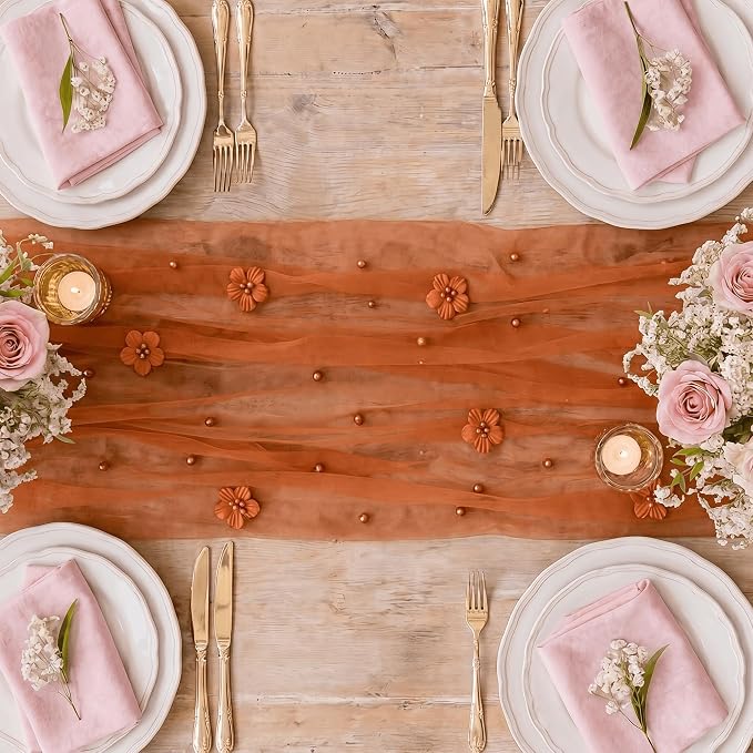 Artoid Mode Caramel Flower Pearl Pink Gauze Table Runner 10FT, Seasonal Sheer Dining Holiday Wedding Birthday Baby Shower Table Decor for Home Party