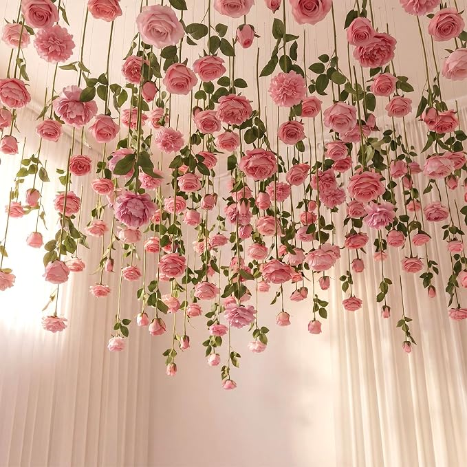 Lyrow 120 Pack Pink Roses Artificial Flowers Bulk Hanging Floating Garland Fake Pink Rose Vine for Ceiling Decoration Wedding Anniversary Bridal Bouquet DIY Floral Arrangement Proposal Romantic Decor