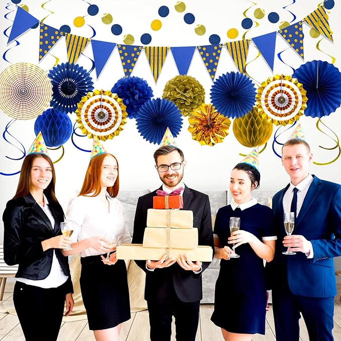 Blue Gold Party Decorations, Graduation Season Hanging Glitter Triangle Flags Banner Paper Fan Tissue Pom Poms Garlands, Boy Men Party, Bridal Shower, Navy Blue Themed Birthday