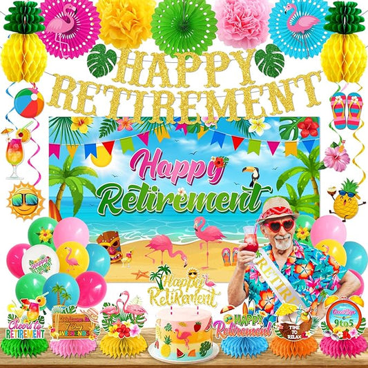 Beach Retirement Party Decorations, Aloha Party Decorations includes Happy Retirement Banner Hawaiian Backdrop and Hanging Swirls Honeycomb Centerpieces, for Aloha Decor