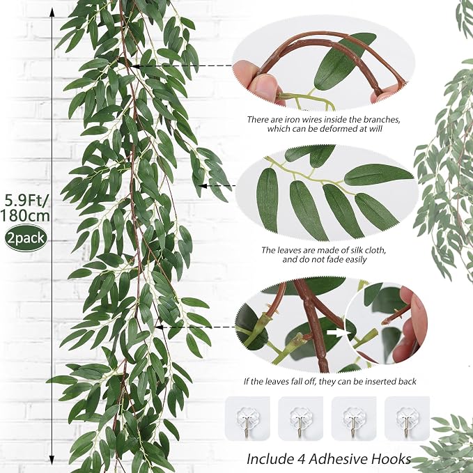 RECUTMS Artificial Willow Leaves Vine Twigs 2Pcs 5.9Ft Fake Hanging Ivy Plants Silk Green Leaf Rattan Garland Greenery Decor for Indoor Outdoor Home Wedding Arch Jungle Beach Birthday Party Garden