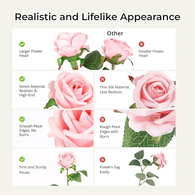 Auihiay 104PCS Pink Roses, Realistic Silk Velvet Pink Artificial Flowers, Real-Touch Fake Roses for Bridal Bouquet, Garden Party, Bedroom Decor, Home Decor, Valentine's Day, Wedding Centerpieces