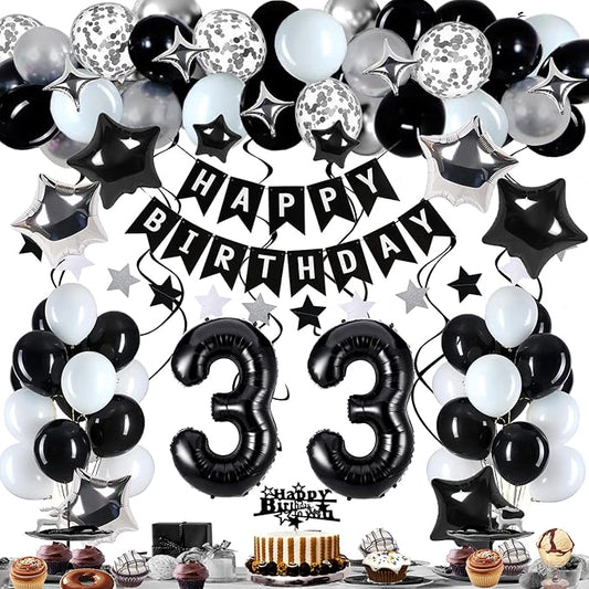 33rd Birthday Decorations for Men Women, Black White and Silver Happy 33 Party Decor Set with 33 Number Foil Balloons, Banner, Cake Topper for Him Her