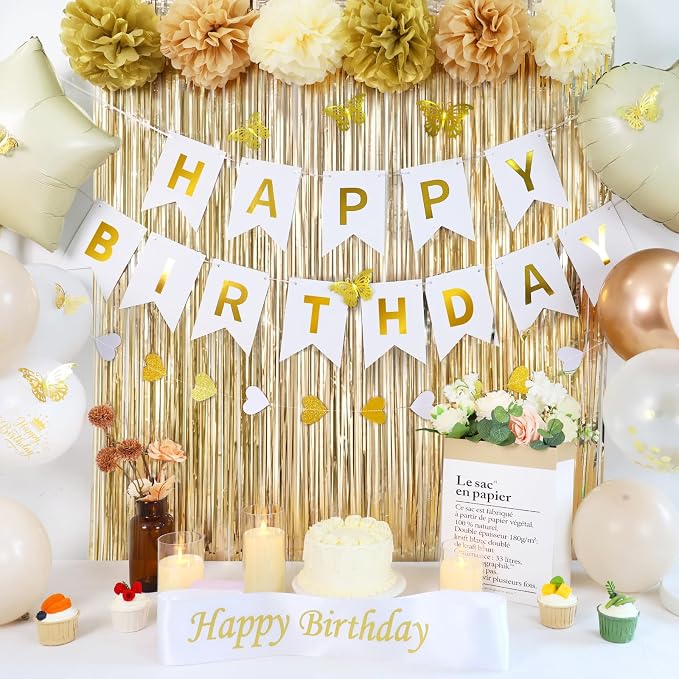 56PCS Champagne Gold Birthday Decorations for Women, White and Gold Birthday Decorations Include Banner Balloons 3D Butterfly Stickers Fringe Curtain Paper Pompoms, Happy Birthday Supplies for Girls