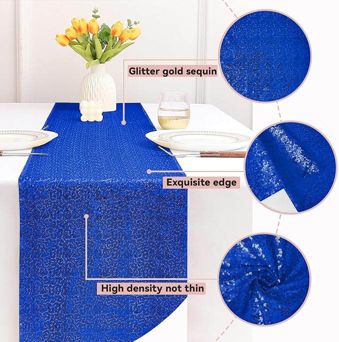 Sugargirl 10 Packs 12 x 72 inches Sequin Table Runner, Glitter Royal Blue Table Runner for Birthday Party Supplies Wedding Holiday Celebration Event Decorations