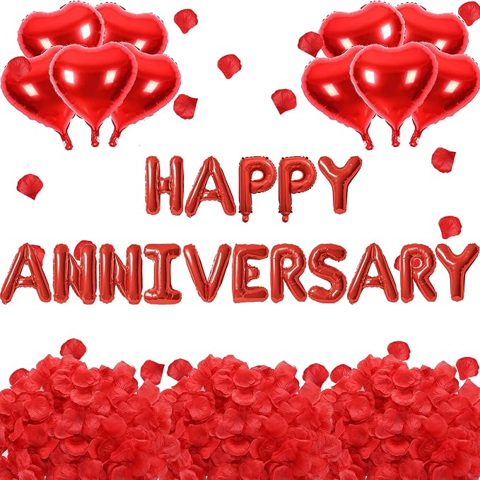 2 Set HAPPY ANNIVERSARY Balloons - 1200pcs Red Artificial Rose Petals, 32pcs 16" Letter, 10pcs 18" Heart Balloons for Valentines Day Decorations