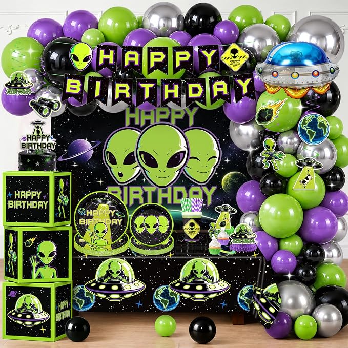 NeoRov 301 Pcs Alien Birthday Party Decorations Tableware Balloon Arch Set | Service 25 Guests | All-In-1 Pack Includes Backdrop, Tablecloth, Balloon Boxes, Balloon Kit | For UFO Theme Party