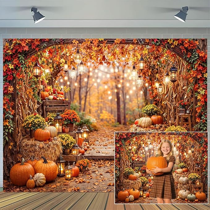 10 x 8 ft Fall Photo Backdrop Autumn Forest Scenery Pumpkins Harvest Maple Leaves Background Fall Sunflowers Thanksgiving Day Friendsgiving Party Decorations Banner Photo Booth Props Supplies