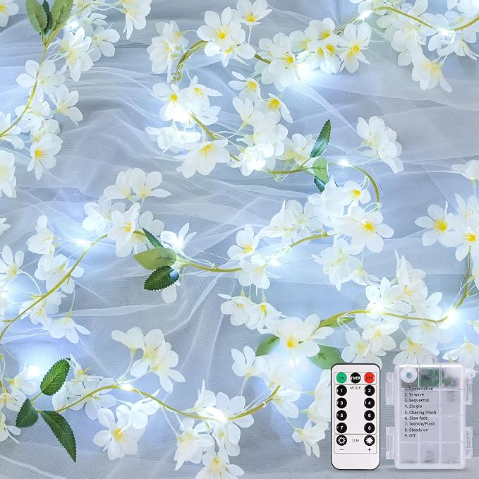 JMEXSUSS 48 LED White Flower Lights, Battery Artificial Flower Garland with Lights, 15.75 FT Climbing Weeping Jasmine Fairy Light with Flower Vines Garland for Spring Wedding Bedroom Decor(Cool White)