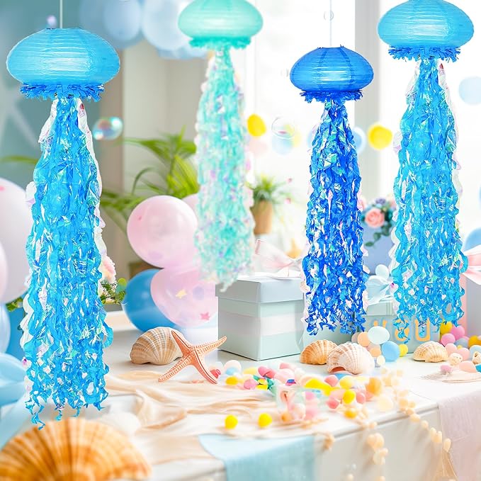 OBXT 10" Blue Jellyfish Paper Lanterns - Under the Sea Birthday & Mermaid Party Decorations, Ocean and Beach Theme Indoor Outdoor Hanging Decor, Baby Shower, Nautical Events (Set of 6)