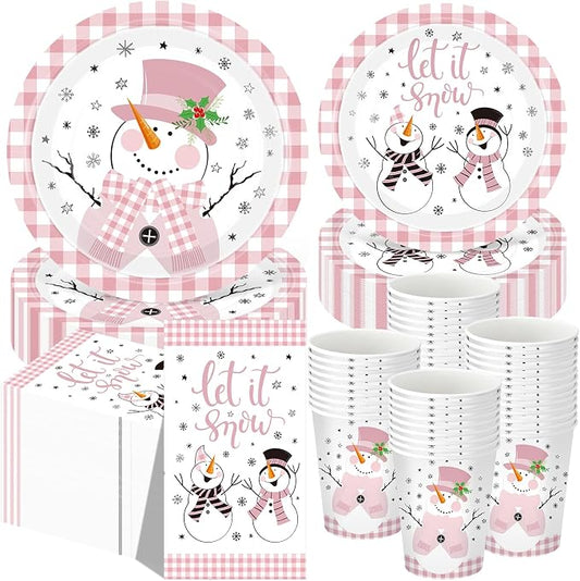 Funnymoom 250 Pcs Winter Snowman Paper Plates and Napkins Party Supplies Pink White Buffalo Plaid Winter Disposable Tableware Set for Christmas Holiday Party Decoration