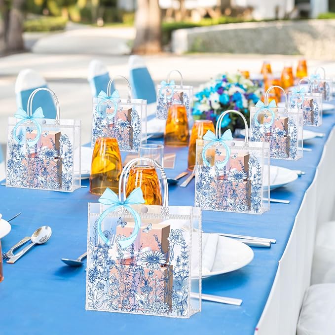 Hosuly 24 Pcs Blue White Floral Party Favor Bags with Handles, Clear PVC Wildflower Goodie Treat Vintage Gift Bags for Wedding Bridal Baby Shower Birthday Party Favors Supplies 7.9 x 7.9 x 3.1 Inch