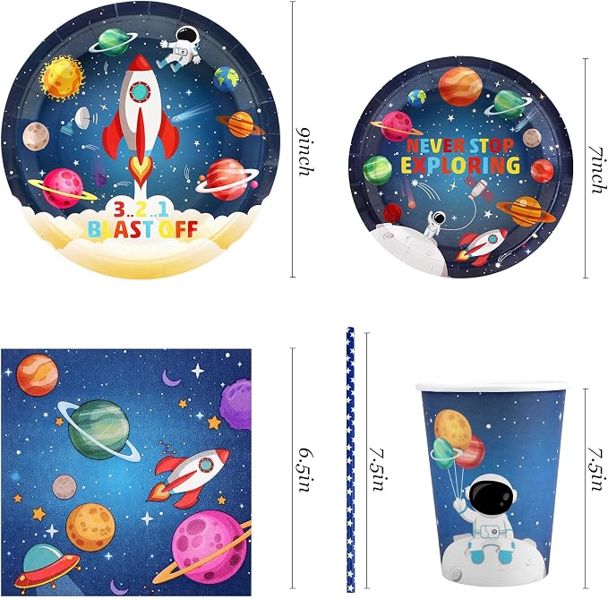 Recheel Space Birthday Party Supplies Decorations, Outer Space Theme Paper Plates and Napkins Set for 24 Guests, 120 Pcs Disposable Galaxy Party Dessert Dinnerware