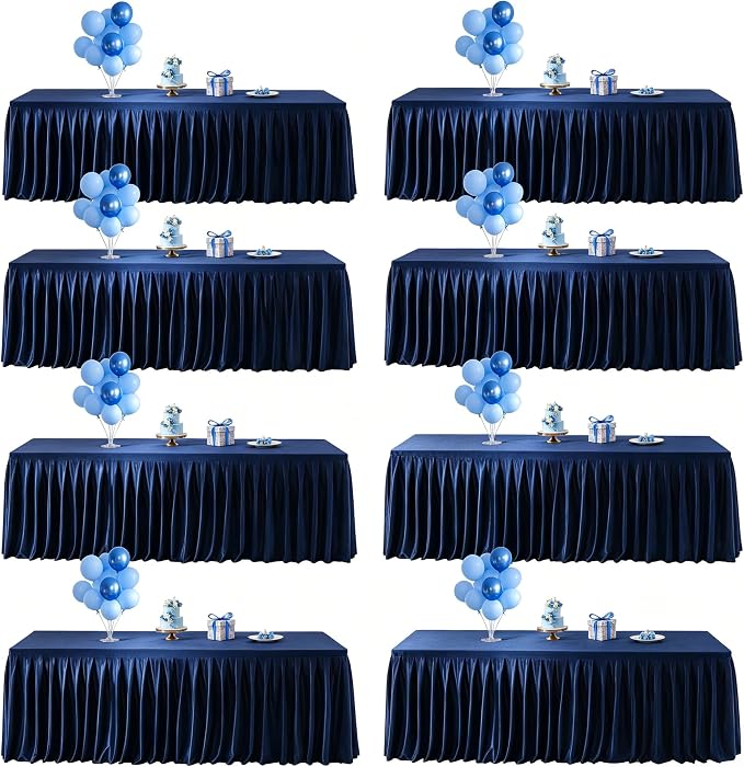 Wish Care 8 Pack Satin Table Cover Skirts for 6ft Rectangular Tables, Navy Blue Shimmer Silk Tablecloth with Floor Length Ruffle for Wedding Banquet Party Buffet Decoration
