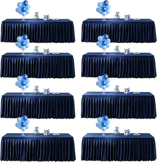 Wish Care 8 Pack Satin Table Cover Skirts for 6ft Rectangular Tables, Navy Blue Shimmer Silk Tablecloth with Floor Length Ruffle for Wedding Banquet Party Buffet Decoration