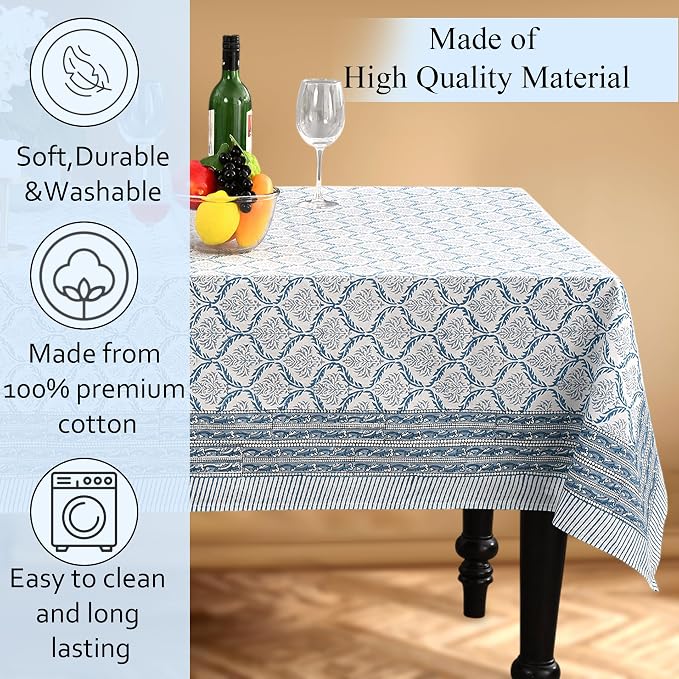 CPC Indigo Regal Tablecloth 100% Cotton 70x108 Inch Indian Block Print Rectangle Table Cover, Table Cloth for Gifting in Weddings, Halloween, Fall, Christmas, Thanksgiving