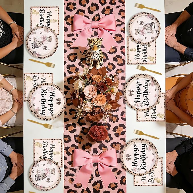 96Pcs Pink Cheetah Bow Birthday Party Decorations, Serves 24 | Leopard Print Plates and Napkins Pink Bow Cheetah Tableware Set for Girls Women Jungle Safari Animal Birthday Party Supplies