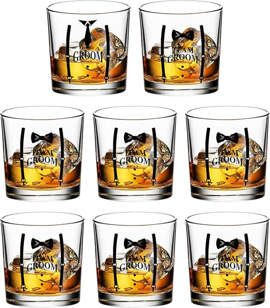 Groomsmen Whiskey Glasses Set of 8-11oz Old Fashioned Rocks Glass - Unique Groomsmen Gifts for Wedding Party, Bachelor Party Favors for Men