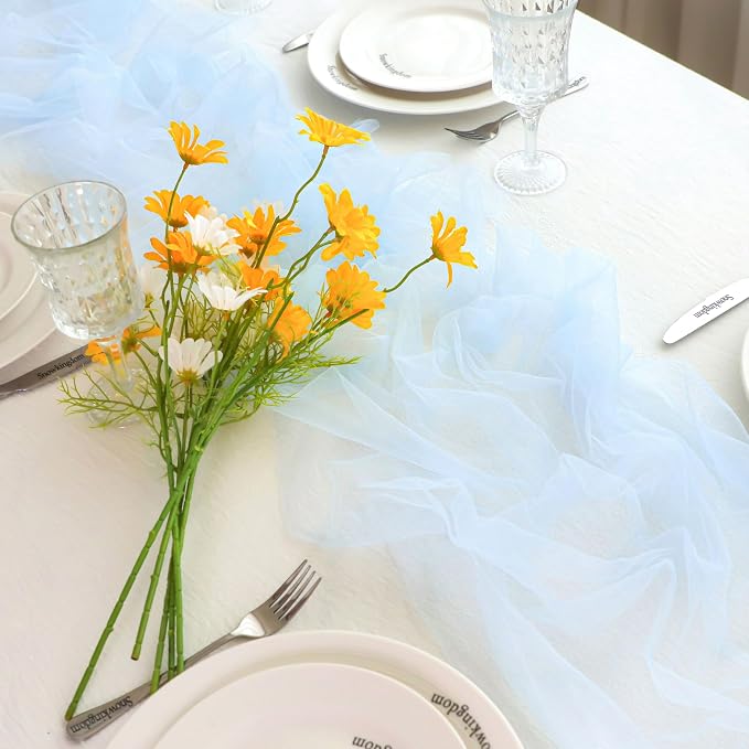 Snowkingdom Light Blue Table Runner 10FT, Baby Blue Sheer Cheesecloth Gauze Runner 120 Inch, Rustic Boho Party Table Decoration for Wedding Bridal Baby Shower Birthday Christmas Winter Holiday