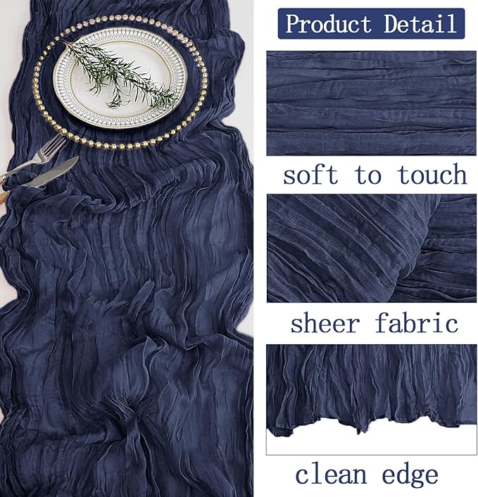 6 Pack Navy Blue Cheesecloth Table Runner 20 x 120 inch Gauze Table Runners 10 FT Long,Semi Sheer Boho Cheese Cloth Fabric Table Runner Bulk for Wedding,Party,Baby Shower,Bridal Shower Decoration