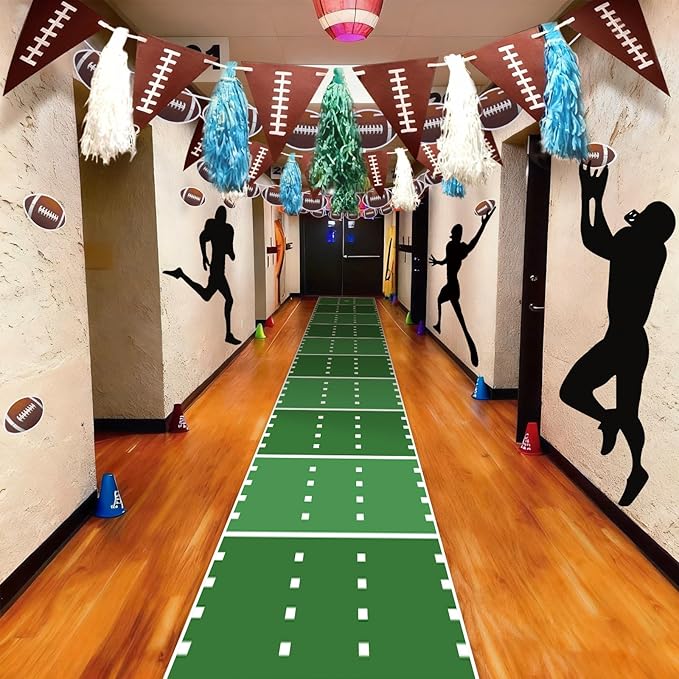 VioraWhite 15 Pcs Football Party Classroom Decorations 9.8 ft Field Aisle Rug, Black Pitching Decoration, Pennant Rugby Flag and Rugby Flag, Football Party Supplies for Classroom Sports Favors